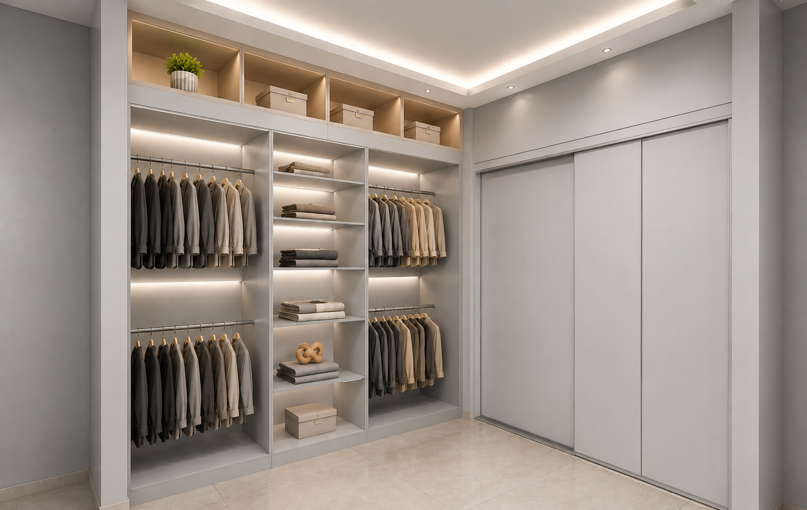 Projeto 3D de closet planejado com armários escuros e iluminação.